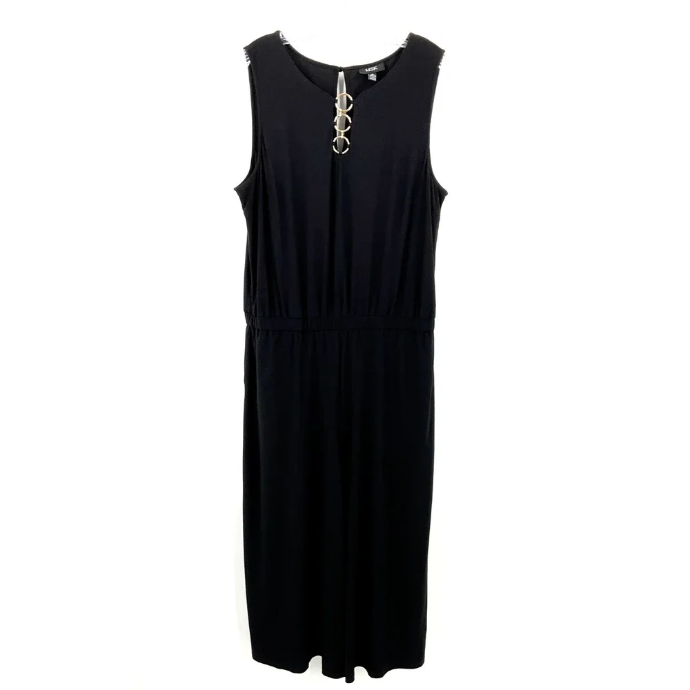 MSK Jumpsuit Women XL Black Gold Accent Elastic‎ Waist Pockets Wide Leg Classy